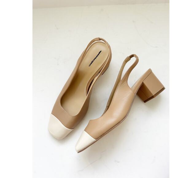NWOB Ann Taylor Two Tone Block Heel Cap Toe Slingback Shoe Tan 7 - Picture 1 of 4